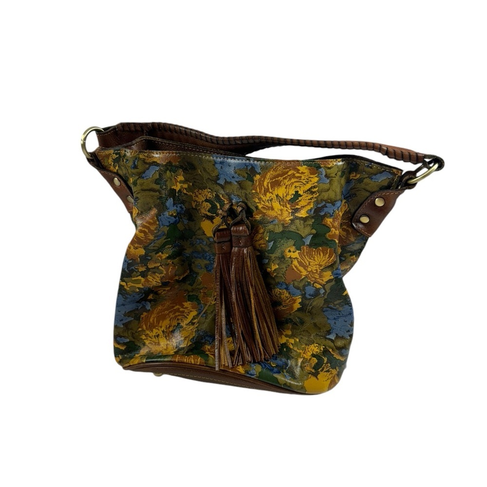 Patricia Nash Mustard, Olive & Blue Floral Leather Tassel Shoulder Bag